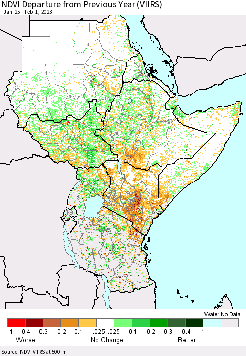 Eastern Africa NDVI Departure from Previous Year (VIIRS) Thematic Map For 1/25/2023 - 2/1/2023