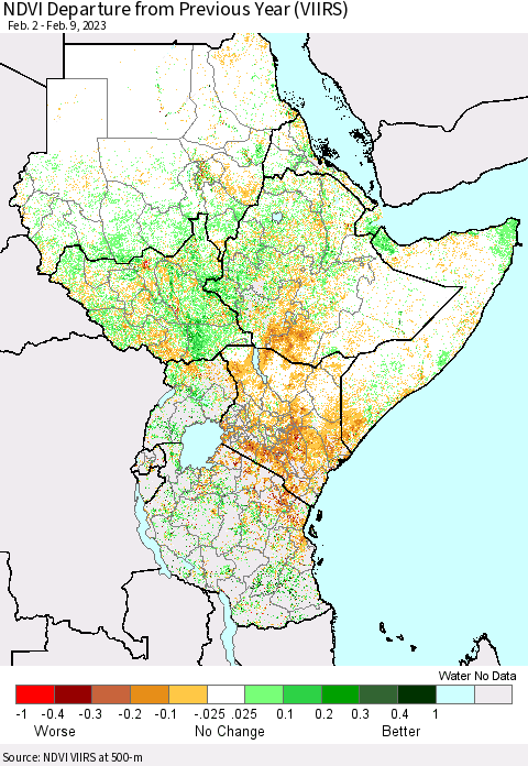 Eastern Africa NDVI Departure from Previous Year (VIIRS) Thematic Map For 2/2/2023 - 2/9/2023