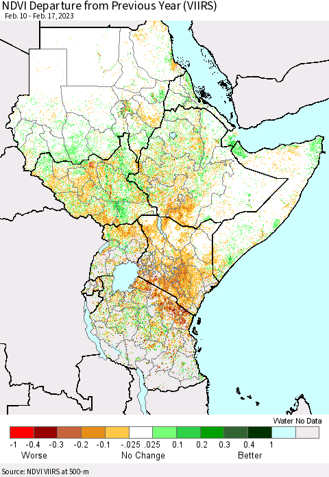 Eastern Africa NDVI Departure from Previous Year (VIIRS) Thematic Map For 2/10/2023 - 2/17/2023