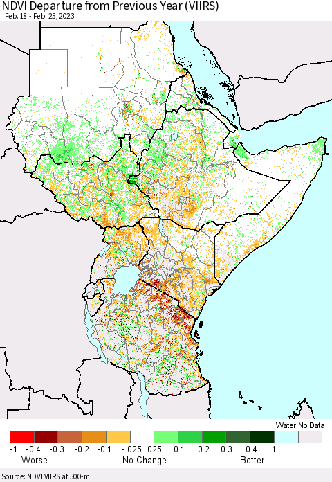 Eastern Africa NDVI Departure from Previous Year (VIIRS) Thematic Map For 2/18/2023 - 2/25/2023