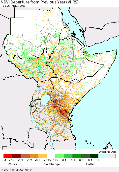 Eastern Africa NDVI Departure from Previous Year (VIIRS) Thematic Map For 2/26/2023 - 3/5/2023