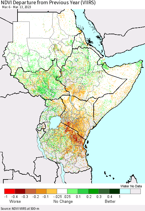 Eastern Africa NDVI Departure from Previous Year (VIIRS) Thematic Map For 3/6/2023 - 3/13/2023