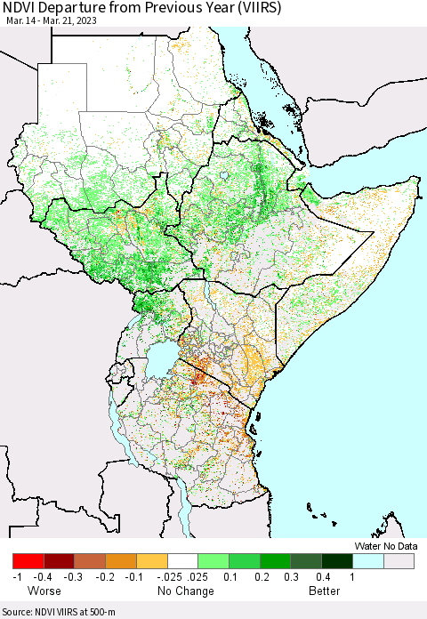 Eastern Africa NDVI Departure from Previous Year (VIIRS) Thematic Map For 3/14/2023 - 3/21/2023