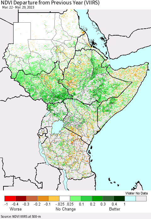 Eastern Africa NDVI Departure from Previous Year (VIIRS) Thematic Map For 3/22/2023 - 3/29/2023