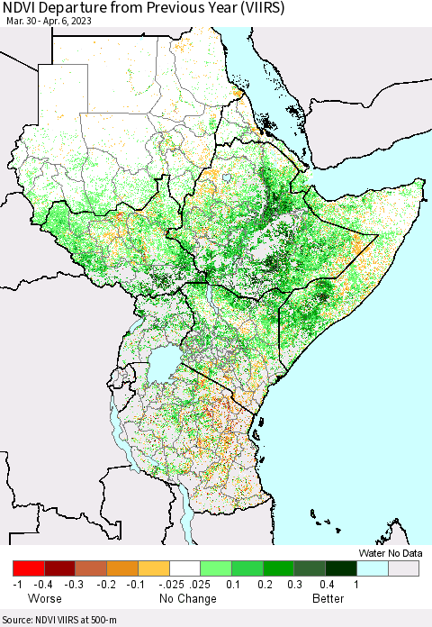 Eastern Africa NDVI Departure from Previous Year (VIIRS) Thematic Map For 3/30/2023 - 4/6/2023