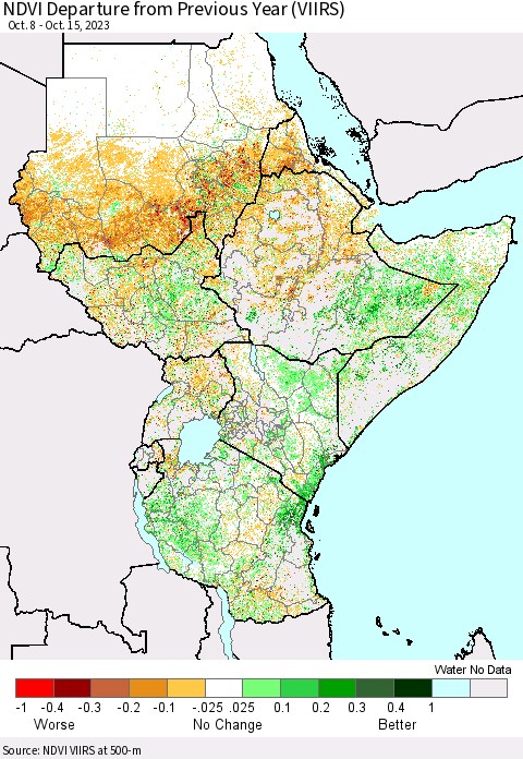 Eastern Africa NDVI Departure from Previous Year (VIIRS) Thematic Map For 10/8/2023 - 10/15/2023