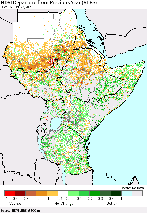 Eastern Africa NDVI Departure from Previous Year (VIIRS) Thematic Map For 10/16/2023 - 10/23/2023