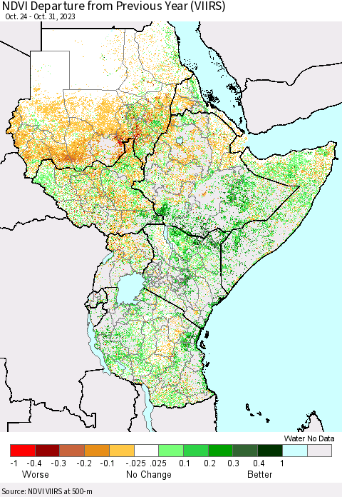 Eastern Africa NDVI Departure from Previous Year (VIIRS) Thematic Map For 10/24/2023 - 10/31/2023