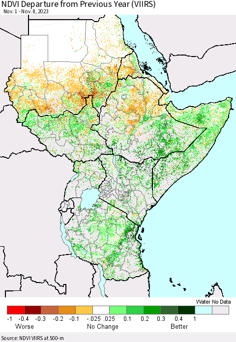 Eastern Africa NDVI Departure from Previous Year (VIIRS) Thematic Map For 11/1/2023 - 11/8/2023