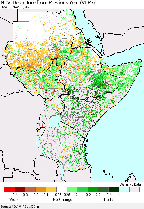 Eastern Africa NDVI Departure from Previous Year (VIIRS) Thematic Map For 11/9/2023 - 11/16/2023