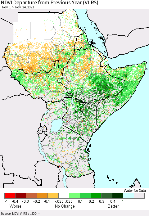 Eastern Africa NDVI Departure from Previous Year (VIIRS) Thematic Map For 11/17/2023 - 11/24/2023