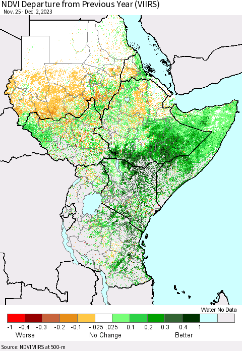 Eastern Africa NDVI Departure from Previous Year (VIIRS) Thematic Map For 11/25/2023 - 12/2/2023