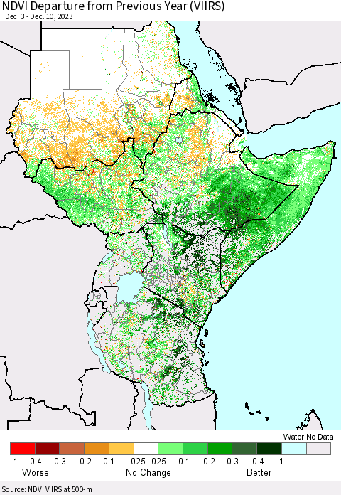 Eastern Africa NDVI Departure from Previous Year (VIIRS) Thematic Map For 12/3/2023 - 12/10/2023