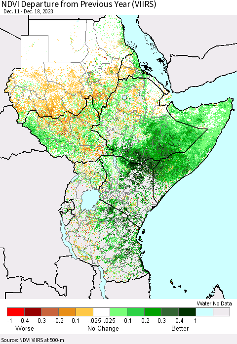 Eastern Africa NDVI Departure from Previous Year (VIIRS) Thematic Map For 12/11/2023 - 12/18/2023