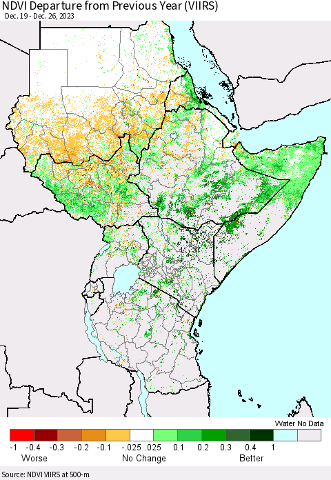 Eastern Africa NDVI Departure from Previous Year (VIIRS) Thematic Map For 12/19/2023 - 12/26/2023