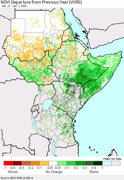 Eastern Africa NDVI Departure from Previous Year (VIIRS) Thematic Map For 12/27/2023 - 1/3/2024