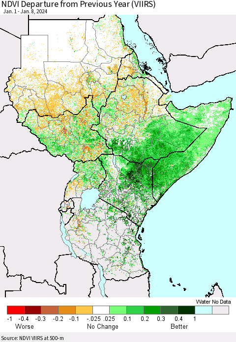 Eastern Africa NDVI Departure from Previous Year (VIIRS) Thematic Map For 1/1/2024 - 1/8/2024