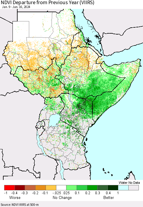 Eastern Africa NDVI Departure from Previous Year (VIIRS) Thematic Map For 1/9/2024 - 1/16/2024