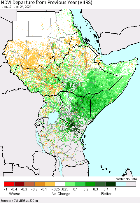 Eastern Africa NDVI Departure from Previous Year (VIIRS) Thematic Map For 1/17/2024 - 1/24/2024