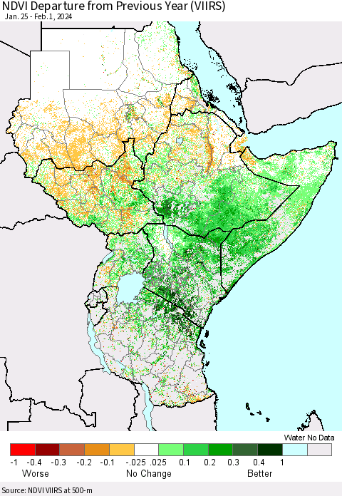 Eastern Africa NDVI Departure from Previous Year (VIIRS) Thematic Map For 1/25/2024 - 2/1/2024