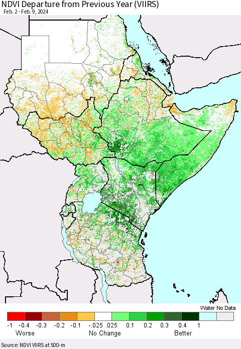 Eastern Africa NDVI Departure from Previous Year (VIIRS) Thematic Map For 2/2/2024 - 2/9/2024