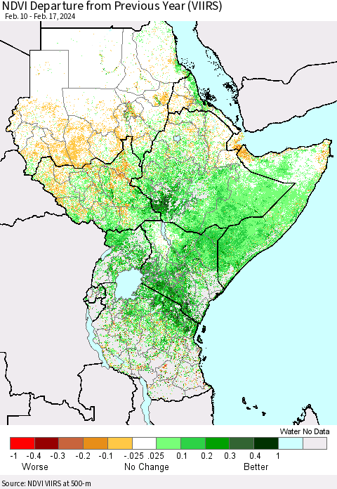 Eastern Africa NDVI Departure from Previous Year (VIIRS) Thematic Map For 2/10/2024 - 2/17/2024