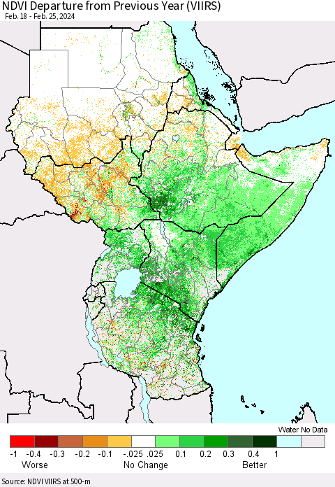 Eastern Africa NDVI Departure from Previous Year (VIIRS) Thematic Map For 2/18/2024 - 2/25/2024