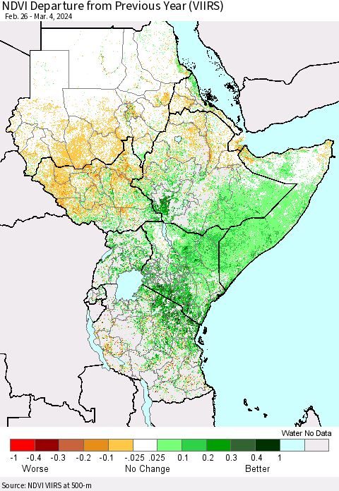 Eastern Africa NDVI Departure from Previous Year (VIIRS) Thematic Map For 2/26/2024 - 3/4/2024