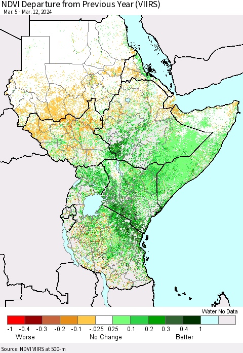 Eastern Africa NDVI Departure from Previous Year (VIIRS) Thematic Map For 3/5/2024 - 3/12/2024