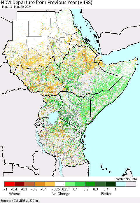 Eastern Africa NDVI Departure from Previous Year (VIIRS) Thematic Map For 3/13/2024 - 3/20/2024