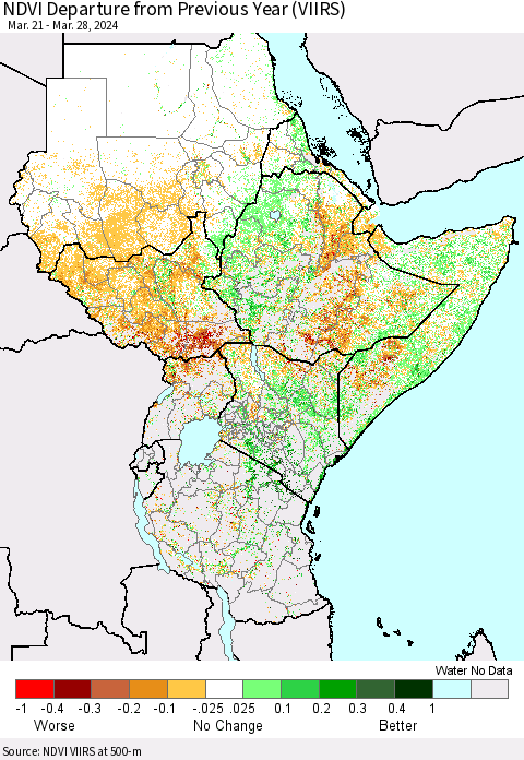 Eastern Africa NDVI Departure from Previous Year (VIIRS) Thematic Map For 3/21/2024 - 3/28/2024