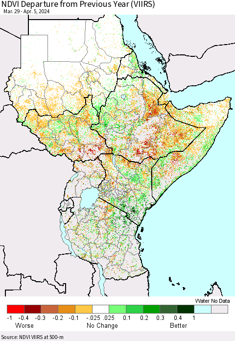 Eastern Africa NDVI Departure from Previous Year (VIIRS) Thematic Map For 3/29/2024 - 4/5/2024