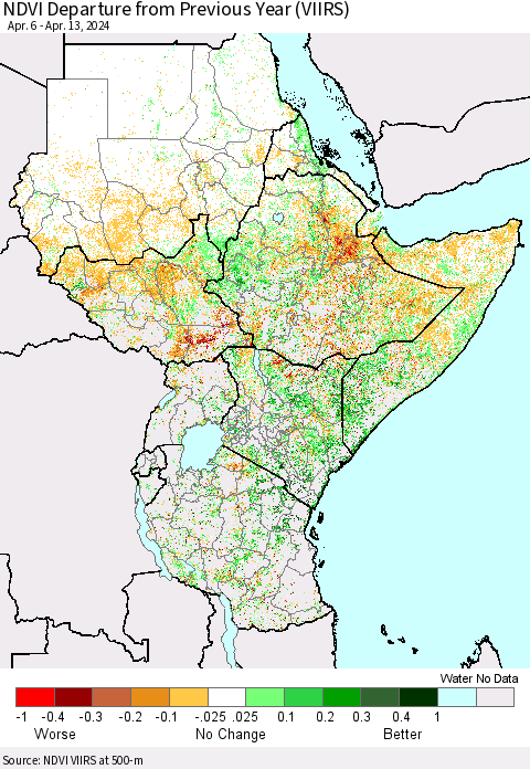 Eastern Africa NDVI Departure from Previous Year (VIIRS) Thematic Map For 4/6/2024 - 4/13/2024