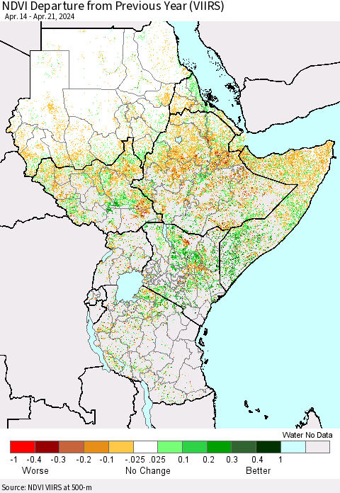 Eastern Africa NDVI Departure from Previous Year (VIIRS) Thematic Map For 4/14/2024 - 4/21/2024