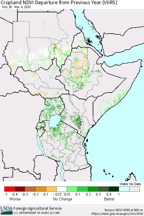 Eastern Africa Cropland NDVI Departure from Previous Year (VIIRS) Thematic Map For 3/1/2020 - 3/10/2020