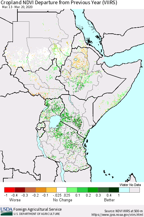 Eastern Africa Cropland NDVI Departure from Previous Year (VIIRS) Thematic Map For 3/11/2020 - 3/20/2020