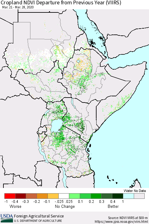 Eastern Africa Cropland NDVI Departure from Previous Year (VIIRS) Thematic Map For 3/21/2020 - 3/31/2020