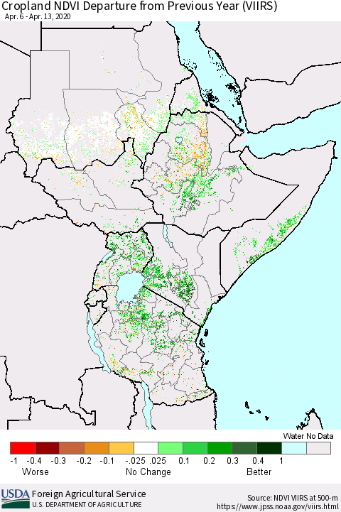 Eastern Africa Cropland NDVI Departure from Previous Year (VIIRS) Thematic Map For 4/11/2020 - 4/20/2020