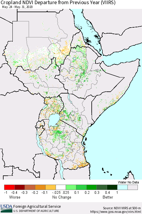 Eastern Africa Cropland NDVI Departure from Previous Year (VIIRS) Thematic Map For 5/21/2020 - 5/31/2020