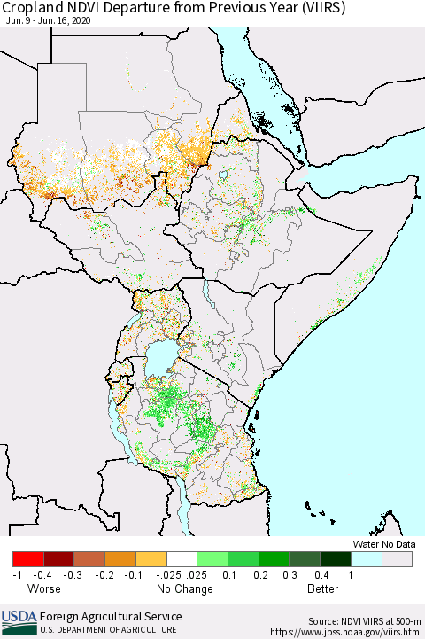 Eastern Africa Cropland NDVI Departure from Previous Year (VIIRS) Thematic Map For 6/11/2020 - 6/20/2020