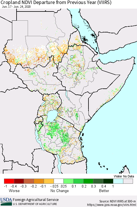 Eastern Africa Cropland NDVI Departure from Previous Year (VIIRS) Thematic Map For 6/21/2020 - 6/30/2020