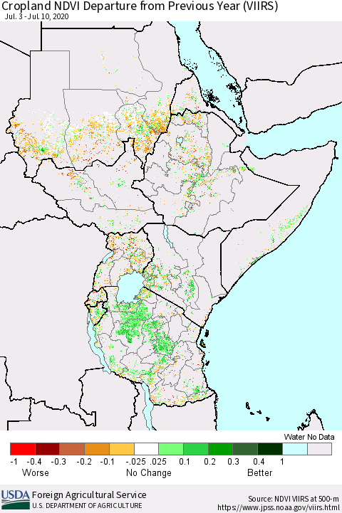 Eastern Africa Cropland NDVI Departure from Previous Year (VIIRS) Thematic Map For 7/1/2020 - 7/10/2020