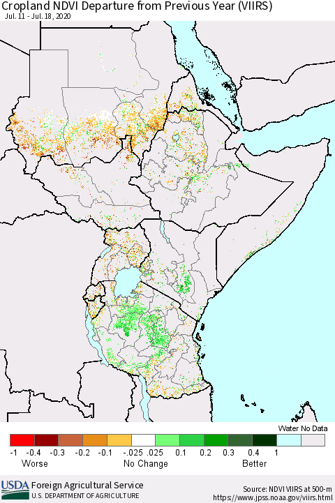 Eastern Africa Cropland NDVI Departure from Previous Year (VIIRS) Thematic Map For 7/11/2020 - 7/20/2020