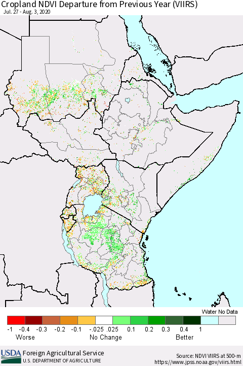 Eastern Africa Cropland NDVI Departure from Previous Year (VIIRS) Thematic Map For 8/1/2020 - 8/10/2020