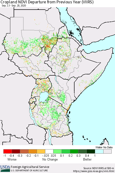 Eastern Africa Cropland NDVI Departure from Previous Year (VIIRS) Thematic Map For 9/11/2020 - 9/20/2020