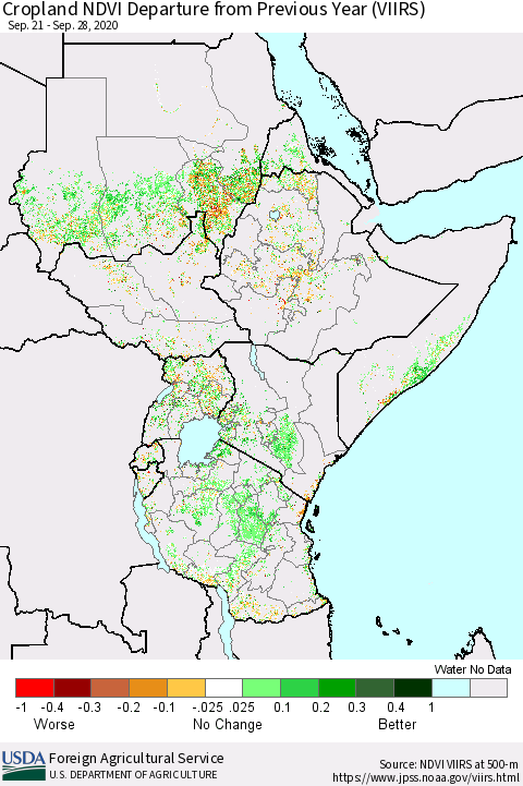 Eastern Africa Cropland NDVI Departure from Previous Year (VIIRS) Thematic Map For 9/21/2020 - 9/30/2020
