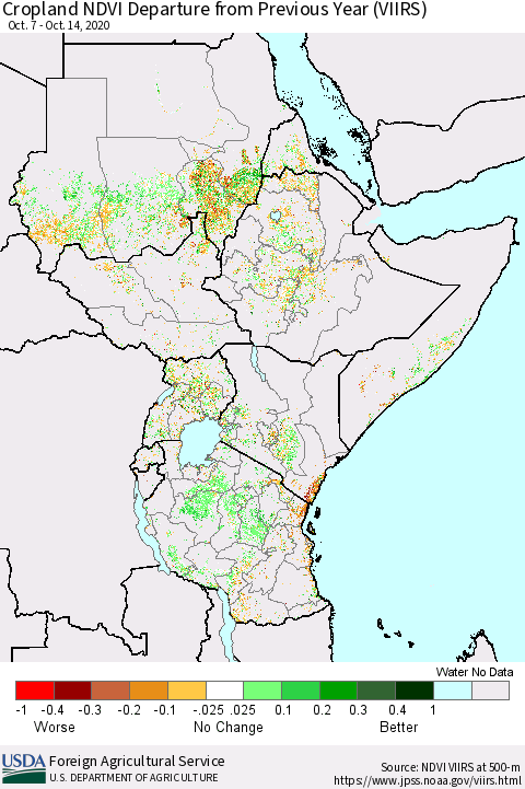 Eastern Africa Cropland NDVI Departure from Previous Year (VIIRS) Thematic Map For 10/11/2020 - 10/20/2020