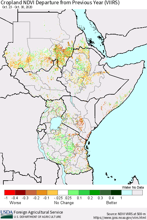 Eastern Africa Cropland NDVI Departure from Previous Year (VIIRS) Thematic Map For 10/21/2020 - 10/31/2020