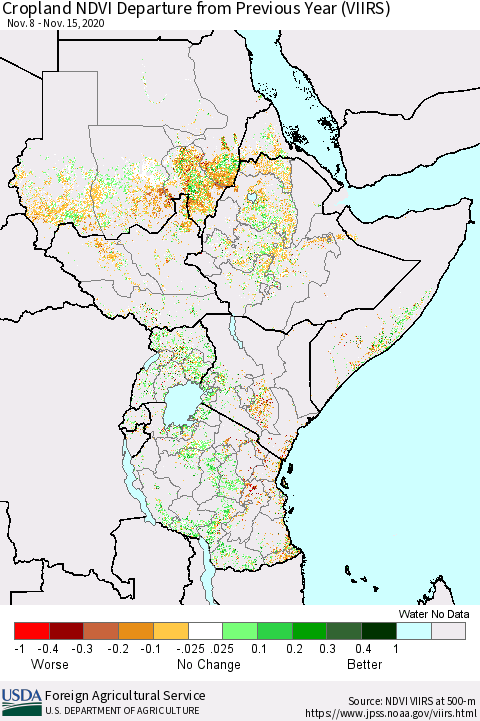 Eastern Africa Cropland NDVI Departure from Previous Year (VIIRS) Thematic Map For 11/11/2020 - 11/20/2020