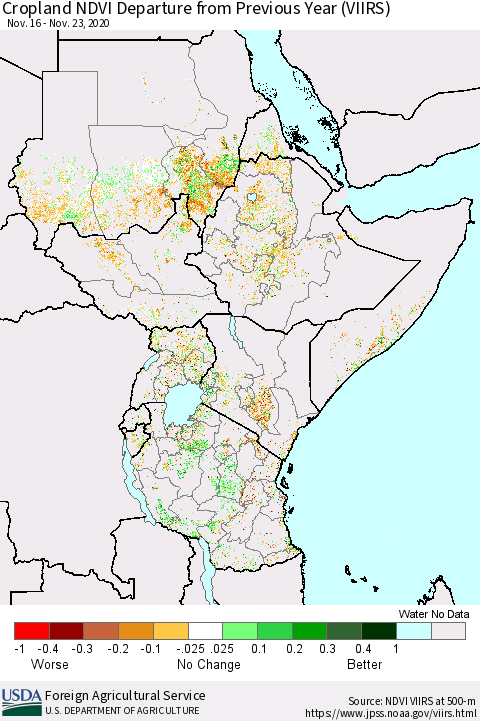 Eastern Africa Cropland NDVI Departure from Previous Year (VIIRS) Thematic Map For 11/21/2020 - 11/30/2020